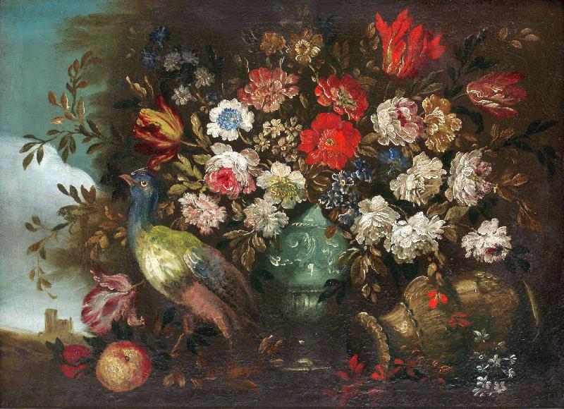 Andrea Boscoli Stilleben med blommor och pafagel oil painting image